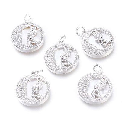 Brass Micro Pave Cubic Zirconia Pendants, with Jump Rings and Natural Shell, Long-Lasting Plated, Cadmium Free & Lead Free & Nickel Free, Flat Round with Angel, Clear