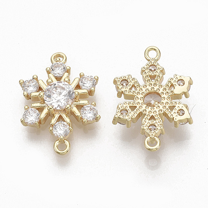 Brass Micro Pave Clear Cubic Zirconia Links, Nickel Free, Christmas Snowflake, Real 18K Gold Plated