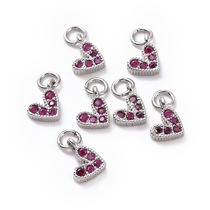 Brass Micro Pave Cubic Zirconia Charms, Long-Lasting Plated, Lead Free & Nickel Free & Cadmium Free, Heart, Hot Pink