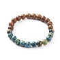 Unisex Stretch Bracelets, with Synthetic Malachite Beads and Wood Beads, Round