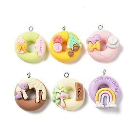 Opaque Resin Imitation Food Pendants, Donut Charms with Platinum Plated Iron Loops for DIY Necklace