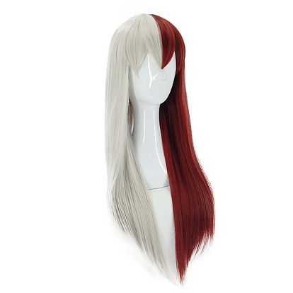Longue moitié argent blanc moitié rouge kawaii perruques de cosplay avec une frange, perruques de héros synthétiques pour costume de maquillage