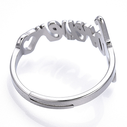 304 anillo ajustable corazón de acero inoxidable con palabra forever, anillo de banda ancha para el día de san valentín