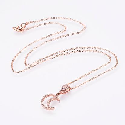 Brass Micro Pave Cubic Zirconia Pendant Necklaces, with Brass Cable Chains, Moon