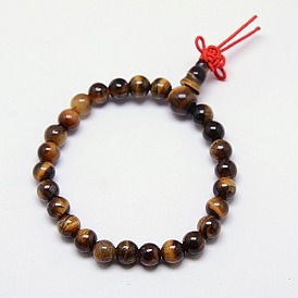 Buddhist Jewelry Mala Beads Bracelets Natural Tiger Eye Stretch Bracelets, Unisex Round Gemstone Beaded Bracelets