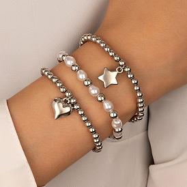 Bracelet de perles en alliage multicouche serti d'une étoile, conception de coeur et de perles