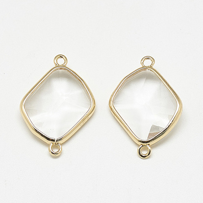 Glass Links Connectors, with Golden Tone Brass Findings, Faceted, Rhombus