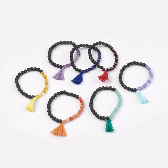 Natural Gemstone Stretch Bracelets, with Lava Rock and Cotton Thread Tassel