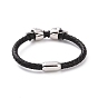 304 Stainless Steel Skull Beaded Bracelet with Magnetic Clasps, Black Leather Braided Cord Punk Wristband for Men Women