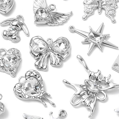 16 pcs 16 alliage de placage de rack de style avec pendentifs en verre, avec perles en plastique ABS imitation perle, coeur et étoile et dent et papillon et charmes d'aile