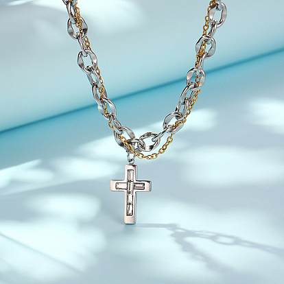 Collier pendentif croix en acier inoxydable bicolore avec chaînes plaquées