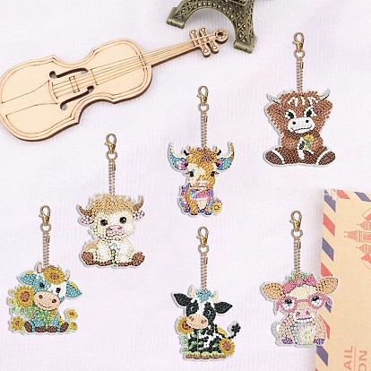 Cattle DIY Pendant Decoration Diamond Painting Kit, Including Resin Rhinestones Bag, Diamond Sticky Pen, Tray Plate, Glue Clay and Metal Findings