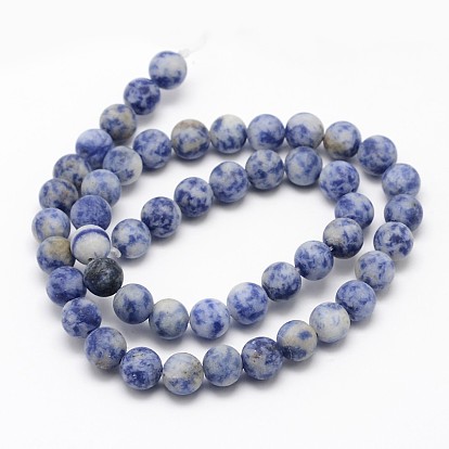 Brins de perles rondes en jaspe de tache bleue naturelle, givré, ronde