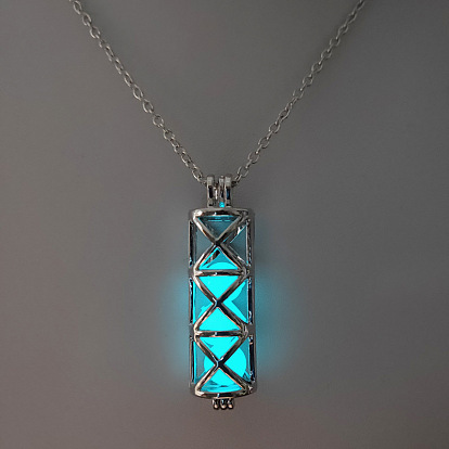 Collier pendentif cage colonne en alliage avec perles lumineuses, bijoux phosphorescents pour femmes hommes