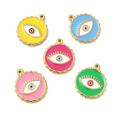 Vacuum Plating 201 Stainless Steel Enamel Pendants, Real 18K Gold Plated, Flat Round with Evil Eye Charm