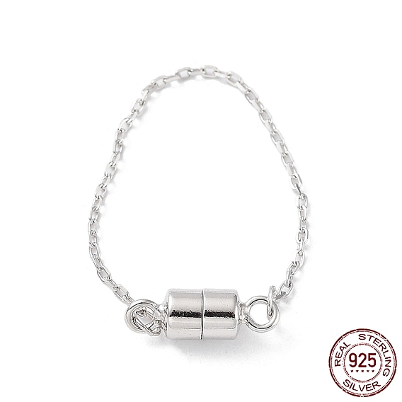Rhodium Plated 925 Sterling Silver Magnetic Clasps with Safety Chain, Column
