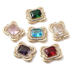 Brass K9 Glass Connector Charms, with Crystal Rhinestone, Light Gold Tone Rectangle Links