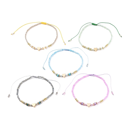 Adjustable Nylon Cord Braided Bead Bracelets, with Glass Seed Beads, Brass Heart Beads, Alloy Spacer Beads and Natural Gemstone Beads
