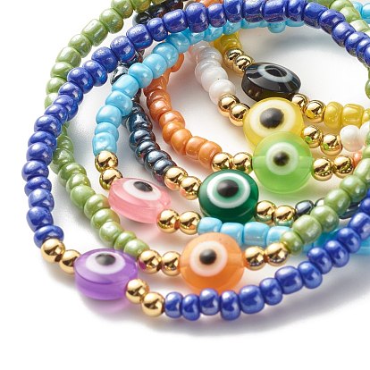 Glass Seed Beads Stretch Bracelets Set, Flat Round with Evil Eye Resin Beads Lucky Bracelets for Women