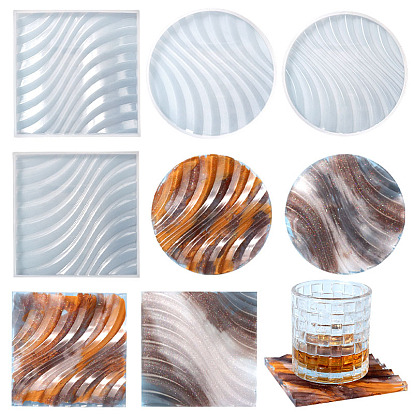 Moules en silicone pour tapis de tasse en carton ondulé rond/carré bricolage, moules de dessous de verre à motif de vague de coulée de résine, pour la résine UV, fabrication artisanale de résine époxy