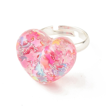 3d corazón de resina con anillo ajustable de estrella, joyas de latón para mujer, Platino