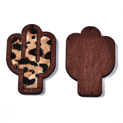 Eco-Friendly Cowhide Leather Big Pendants, with Dyed Wood, Cactus with Leopard Print