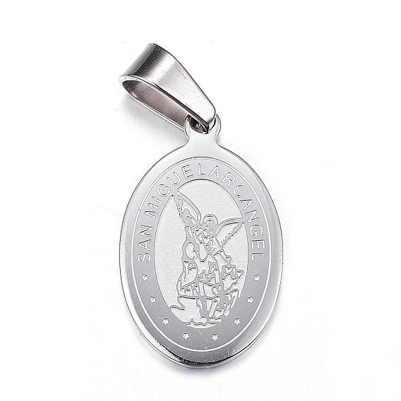 304 Stainless Steel Pendants, Oval with Archangel Michael