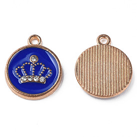 Alloy Enamel Pendants, with Crystal Rhinestone, Cadmium Free & Lead Free, Light Gold, Flat Round with Crown