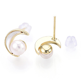Crescent Moon Natural White Shell & Pearl Stud Earrings, Brass Earring with 925 Sterling Silver Pins