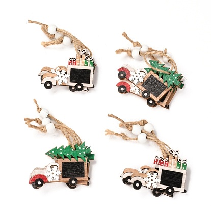Tema navideño madera grandes decoraciones colgantes, con cuerda de cáñamo y cuentas de madera, coche con cajas de regalo y árbol de navidad
