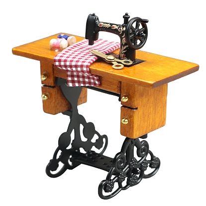 Retro Wood & Metal Mini Sewing Machine, for Miniature Doll Home Decoration