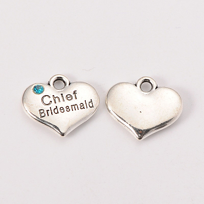 Wedding Theme Antique Silver Tone Tibetan Style Alloy Heart with Chief Bridesmaid Rhinestone Charms, Cadmium Free & Lead Free, 14x16x3mm, Hole: 2mm