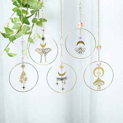 Iron Pendant Decorations, Hanging Suncatchers, with Glass Octagon Link, for Home Garden Decorations
