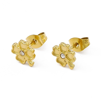Rhinestone Clover Stud Earrings, Golden 304 Stainless Steel Jewelry for Women