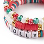 3 pcs 3 bracelets extensibles en argile polymère de style heishi surfeur sertis de perles acryliques word jolly, bracelets empilables avec verre pour femme