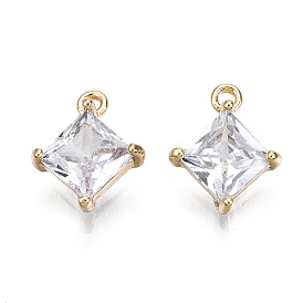 Brass Micro Pave Clear Cubic Zirconia Charms, Nickel Free, Rhombus