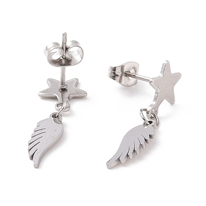 304 Stainless Steel Wing with Star Dangle Stud Earrings for Women