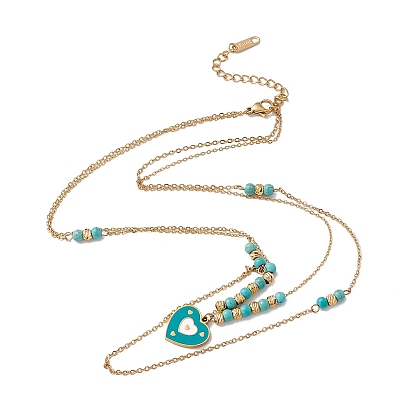 Collier double couche avec breloques en émail et perles de turquoise synthétique, 304 collier de bohème de chaînes de câble en acier inoxydable pour les femmes, or