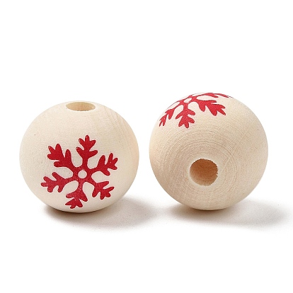Christmas Snowflake Printed Wood European Beads, Wooden Large Hole Round Beads, Undyed