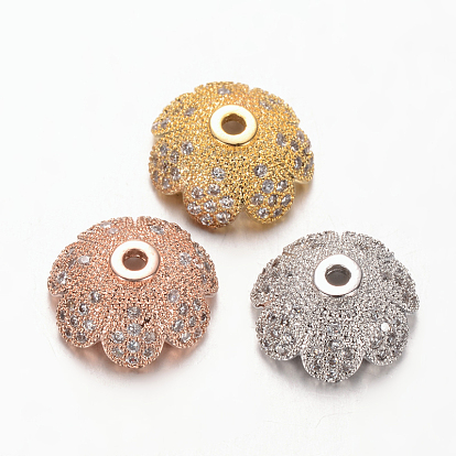 Bouchons de perles de zircone cubique en laiton micro-pavé écologique à fleurs multi-pétales, sans plomb et sans nickel, 11x4.8mm, Trou: 1mm