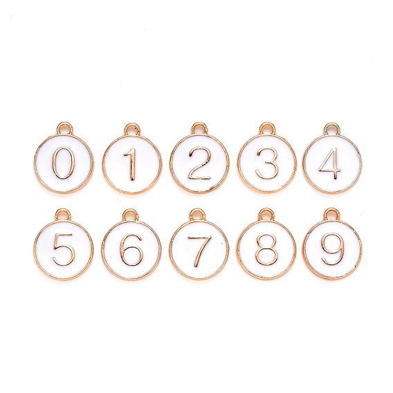 Encantos de esmalte de aleación chapados en oro claro, lentejuelas esmaltadas, plano y redondo con número, número 0~9