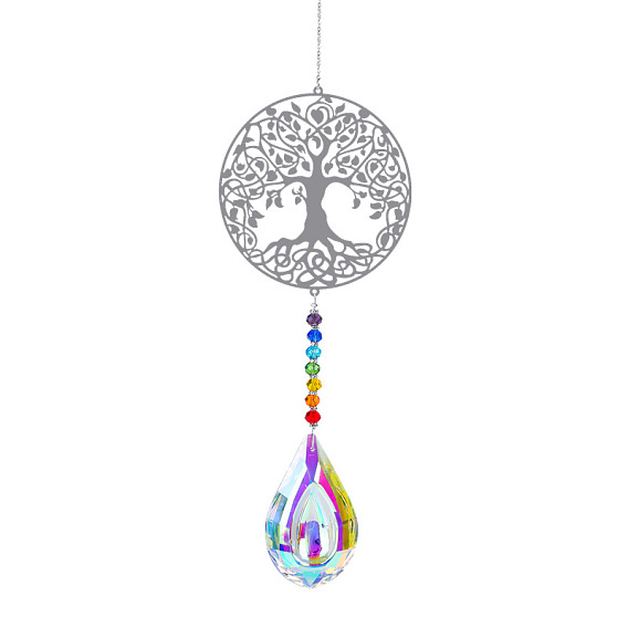 Grandes décorations de pendentif en métal, capteurs de soleil suspendus, thème chakra k9 cristal verre, plat et circulaire avec arbre de vie