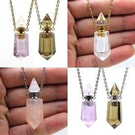 Natural Mixed Gemstone Bullet Perfume Bottle Necklaces, with Alloy Cable Chains