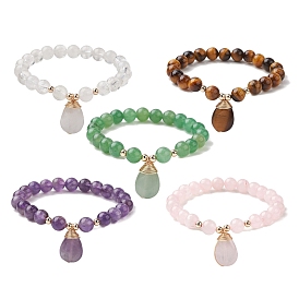 Natural Gemstone Stretch Bracelets with Teardrop Charms for Women