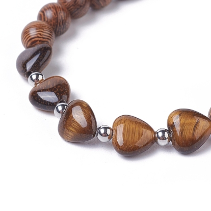 Heart Gemstone Beads Stretch Bracelets, with Round Dyed Wood Beads and 304 Stainless Steel Smooth Spacer Beads