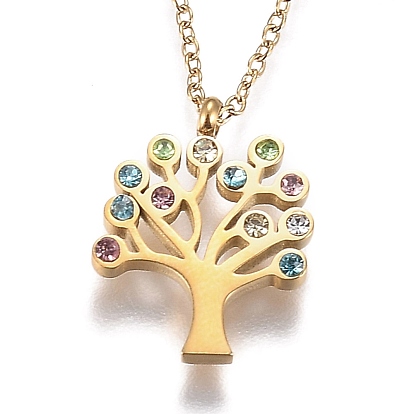 304 Stainless Steel Pendant Necklaces, with Rhinestones and Lobster Claw Clasps, Tree, Colorful