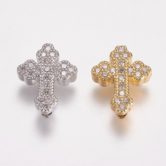 Brass Micro Pave Cubic Zirconia Beads, Cross, Clear
