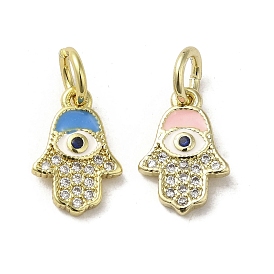 Brass Micro Pave Cubic Zirconia Charms, with Enamel, with Jump Ring, Real 18K Gold Plated, Hamsa Hand/Hand of Miriam with Evil Eye