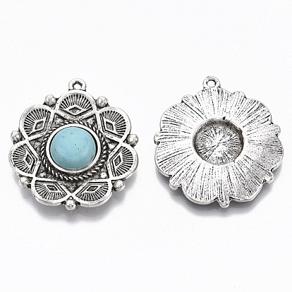 Tibetan Style Alloy Pendants, with Synthetic Turquoise, Cadmium Free & Lead Free, Flower