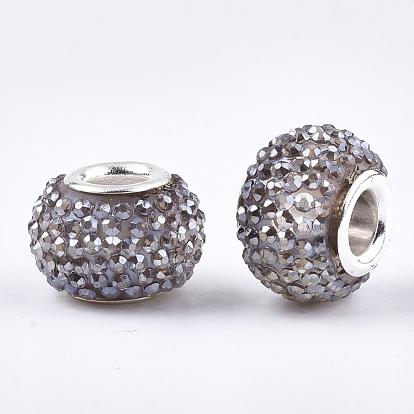 Rhinestone de résine de perles européennes, Perles avec un grand trou   , en laiton de tonalité de platine noyaux doubles, couleur ab , rondelle, perles baies